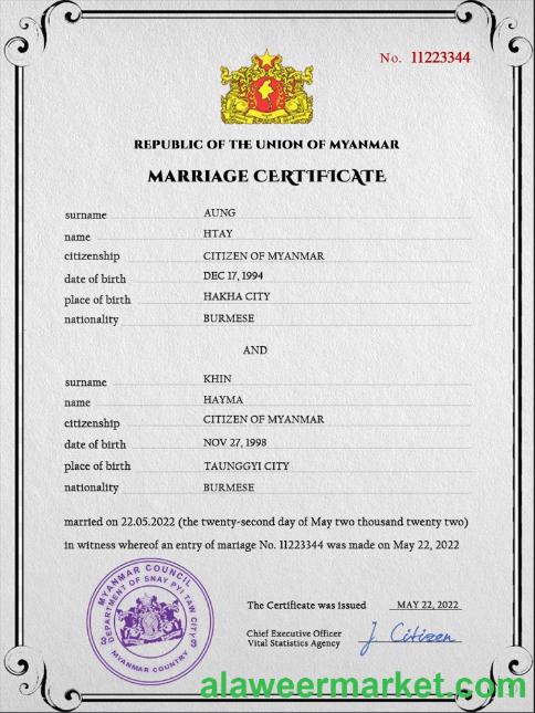 Myanmar marriage certificate PSD template
